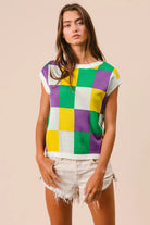 BiBi Mardi Gras Checker Pattern Sleeveless Sweater Top