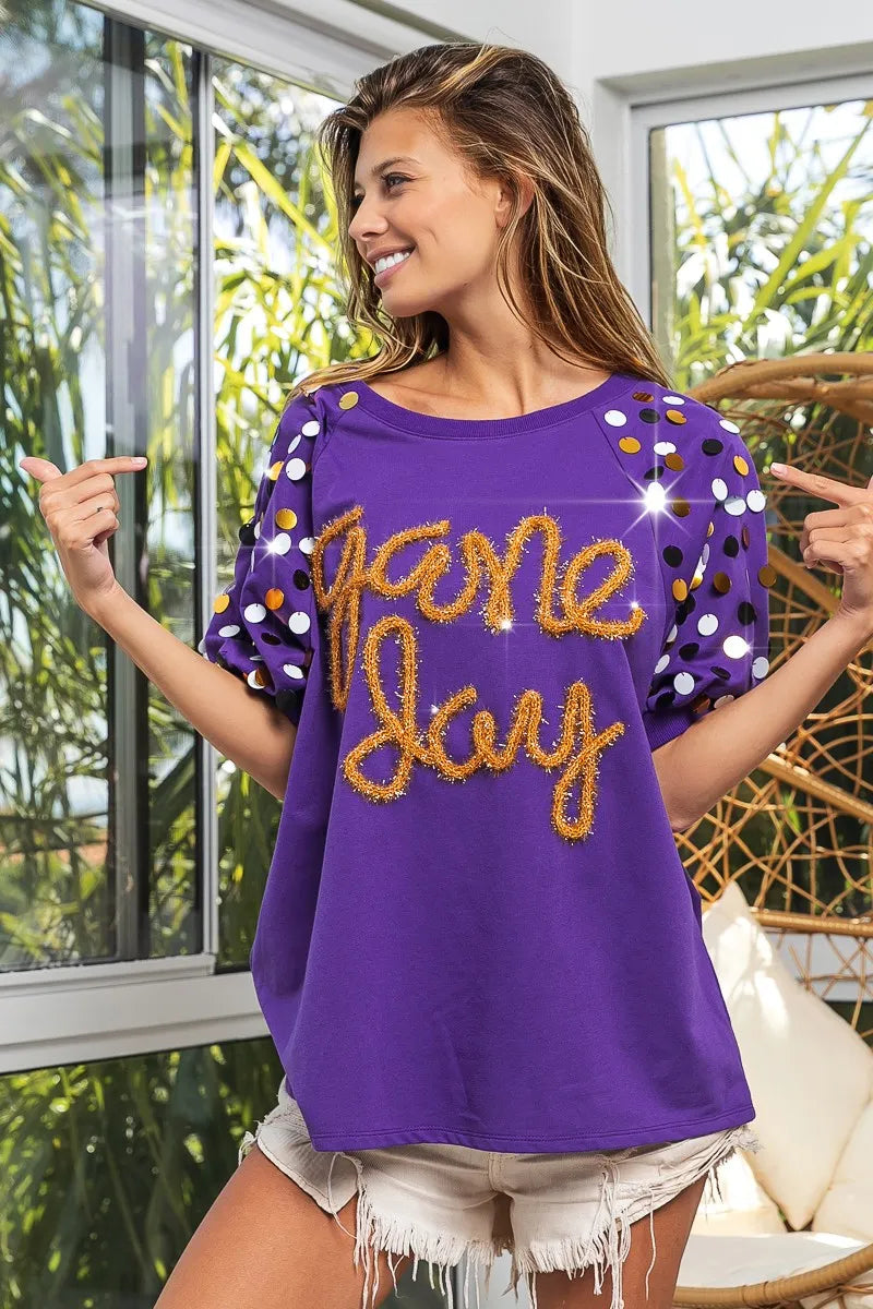 BiBi Purple & Gold Game Day Metallic Letter Spangle Sleeve Top