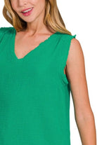 Zenana Kelly Green Double Gauze Raw Edge V-Neck Tank