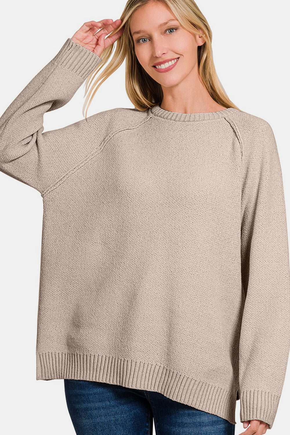 Zenana Chenille Side Slit Raglan Sleeve Sweater in Light Mocha Shirts & Tops