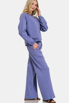 Zenana Marlin Fleece Round Neck Raglan Sleeve Top and Elastic Waist Pants Set Loungewear Set