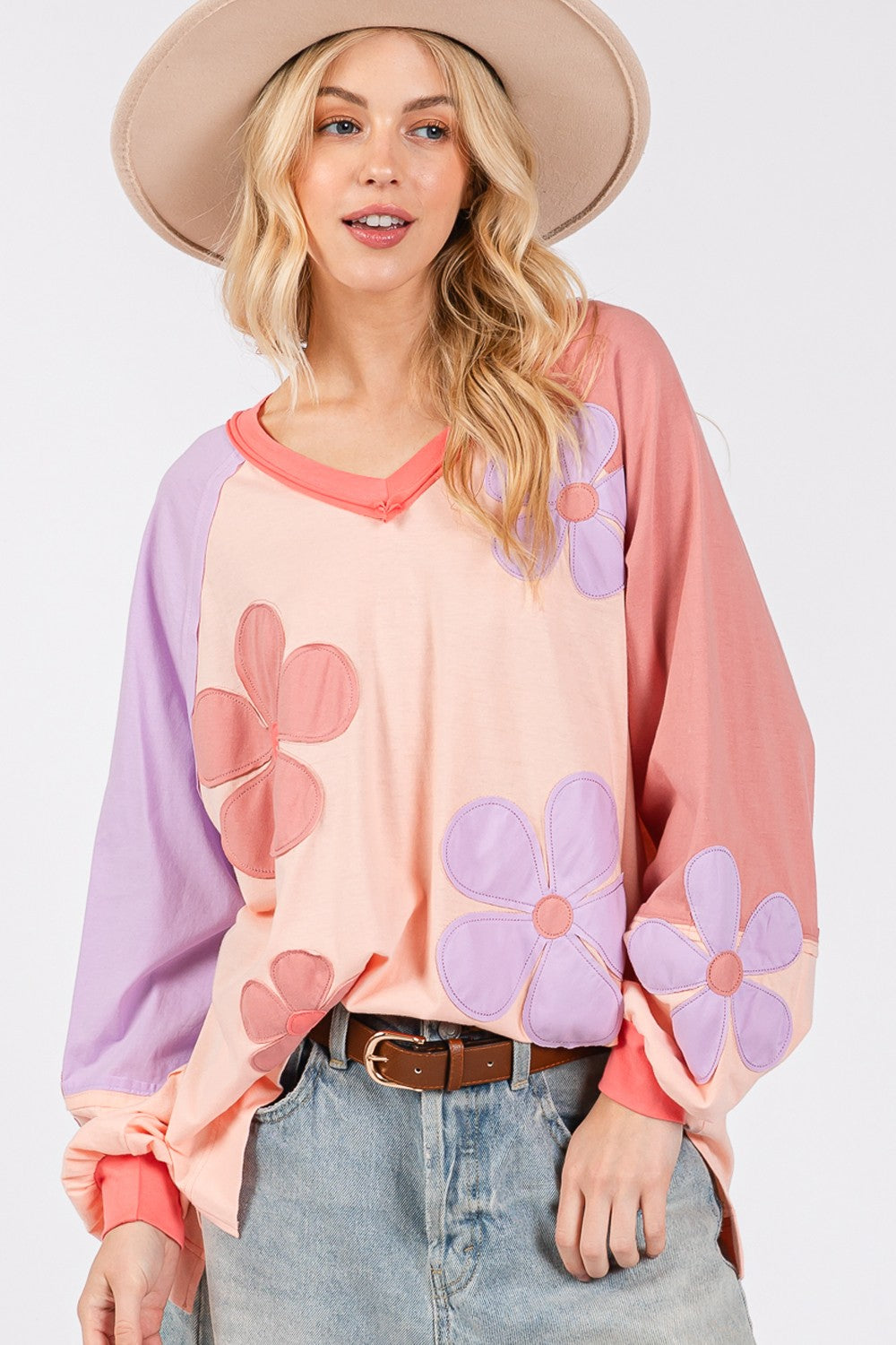 SAGE + FIG Blush Daisy Applique Patch Color Block Long Sleeve Top Trendsi