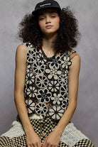POL Round Neck Floral Crochet Sleeveless Cropped Top BLACK NATURAL One Size