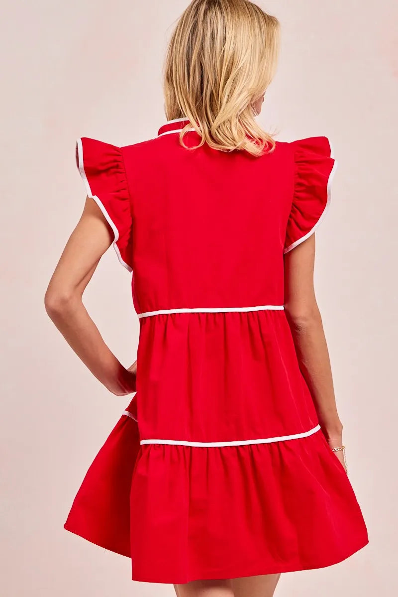 BiBi Red Game Day Theme Contrast Binding Ruffled Dress