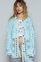 POL Pastel Blue Crochet Button Up Cardigan with Chest Patch Pockets Pastel Blue