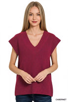 Zenana Cabernet Ribbed Slit V-Neck Sweater Vest
