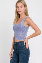 Zenana Light Indigo Washed Ribbed Seamless Cropped V-neck Tank Top