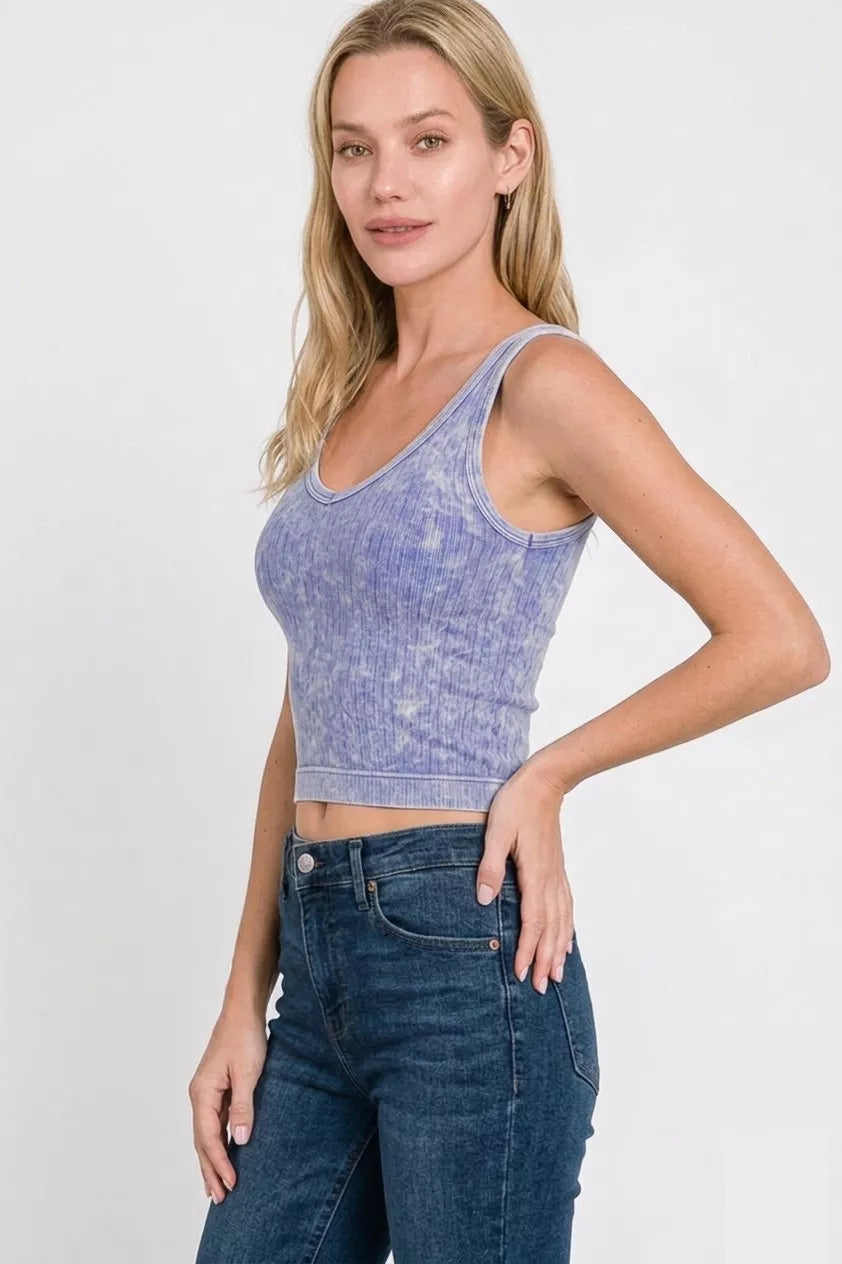 Zenana Light Indigo Washed Ribbed Seamless Cropped V-neck Tank Top