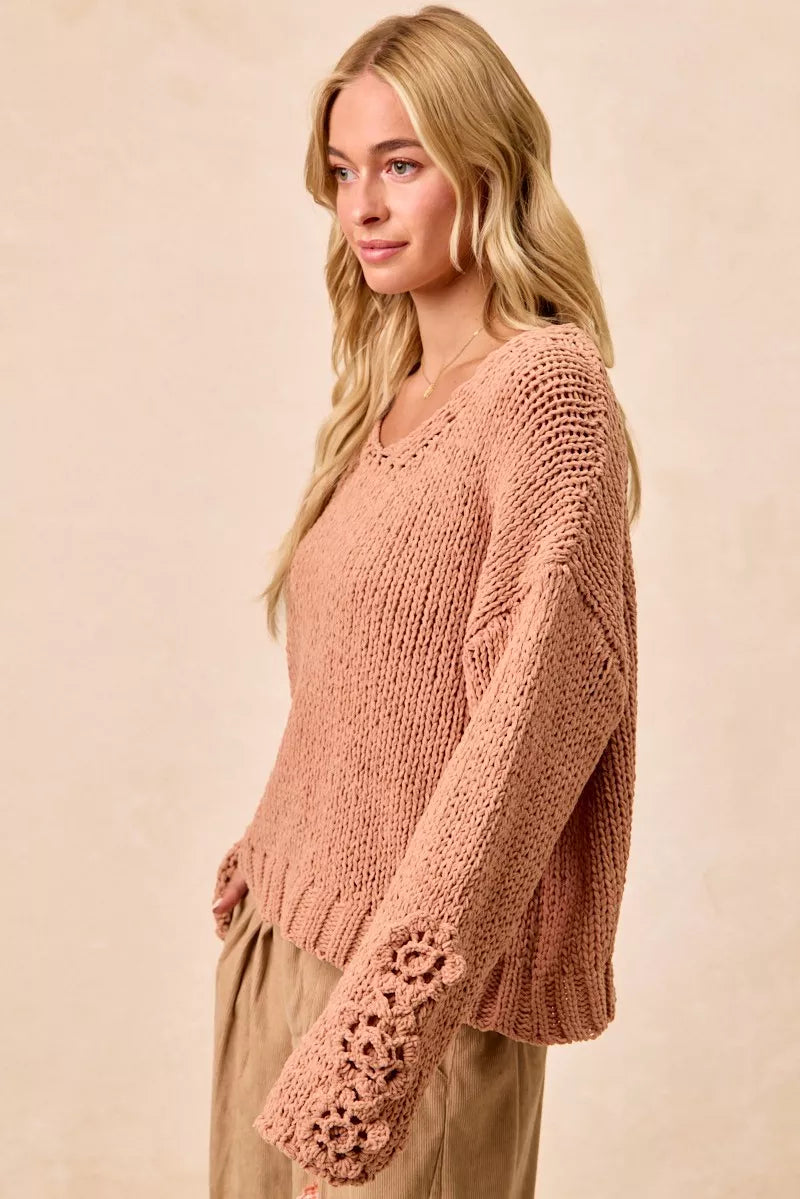 BiBi Dusty Peach Chunky Knit Sweater with Flower Detail Sleeves
