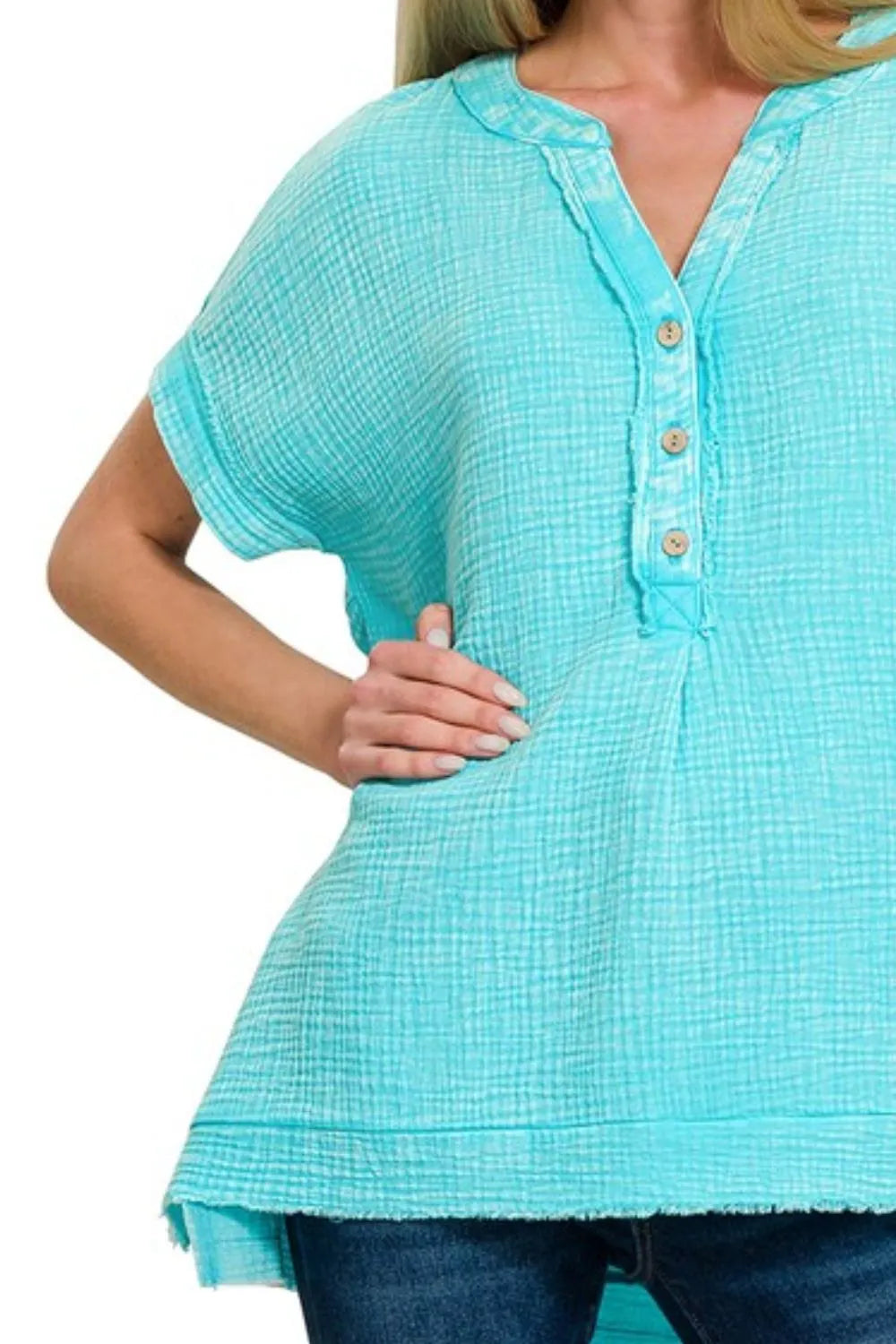 Zenana Mint Sky Washed Double Gauze 3/4 Button Henley Neck Shirt