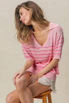 BiBi Light Pink/Dark Pink Stripe Short Sleeves Collared V Neck Top