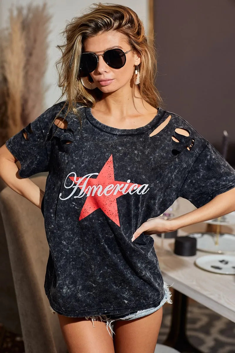 BiBi Laser Cut Mineral Washed Jersey Top with America in Black Charcoal
