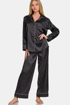 Zenana Black Satin Long Sleeve Shirt and Pants Pajama Set Black Trendsi