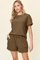 Double Take Wavy Textured Short Sleeve T-Shirt and Drawstring Shorts Set Chestnut Trendsi