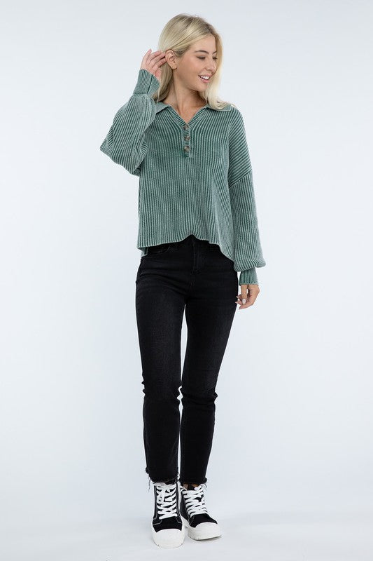 Zenana Washed Collared Henley Sweater in 6 Colors! ZENANA