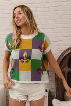 BiBi Sequin Embroidery Mardi Gras Checker Sweater Top