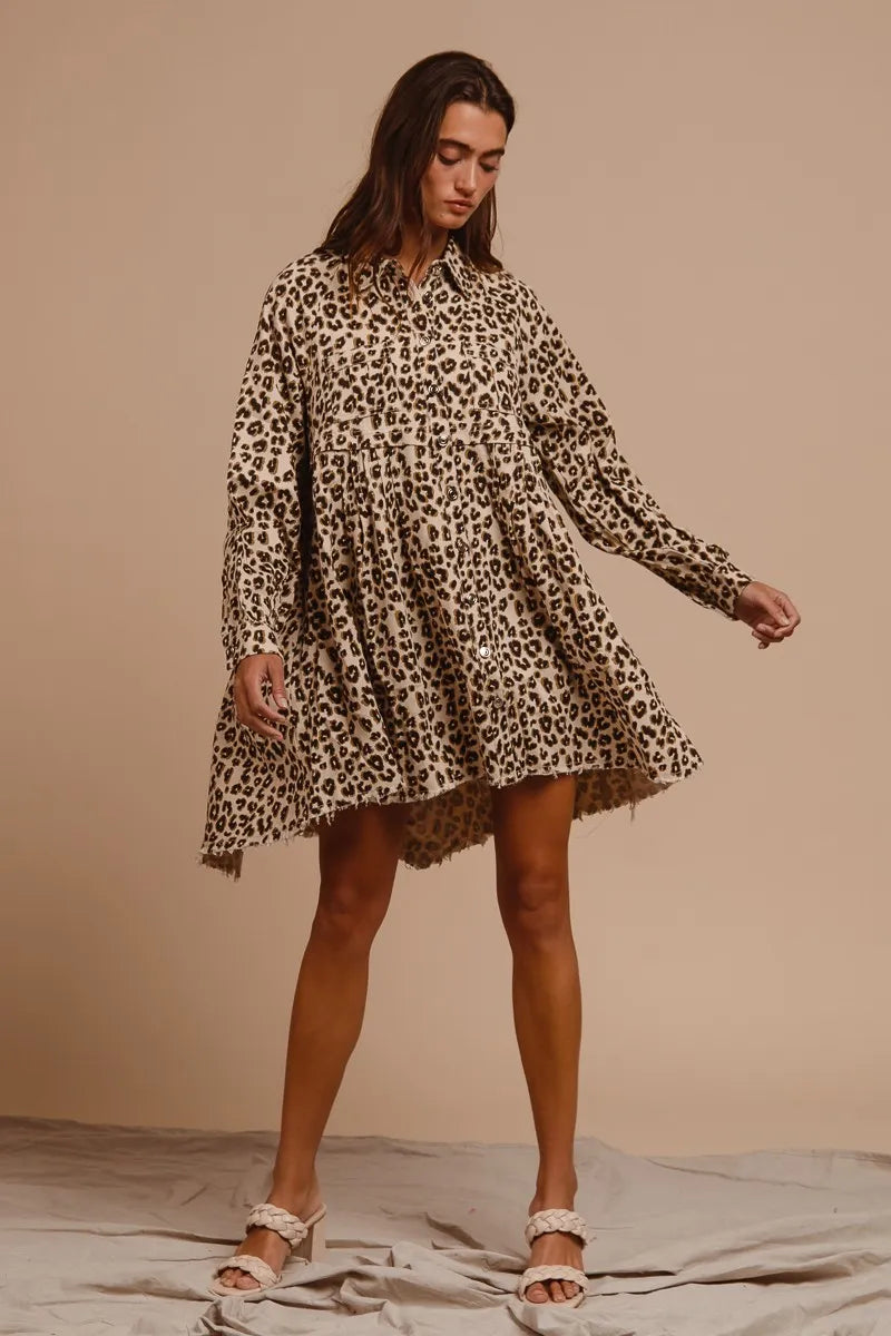 BiBi Oatmeal Washed Denim Button Down Dress with Side Pocket