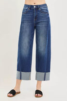 RISEN Dark Washed Slouchy Crop Barrel Cuffed Jeans DARK