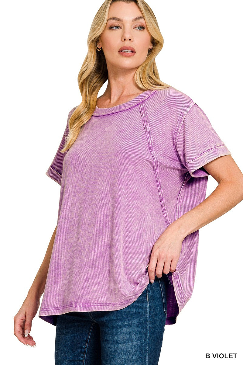 Zenana Bright Violet Washed Ribbed Cuffed Short Sleeve Round Neck Top