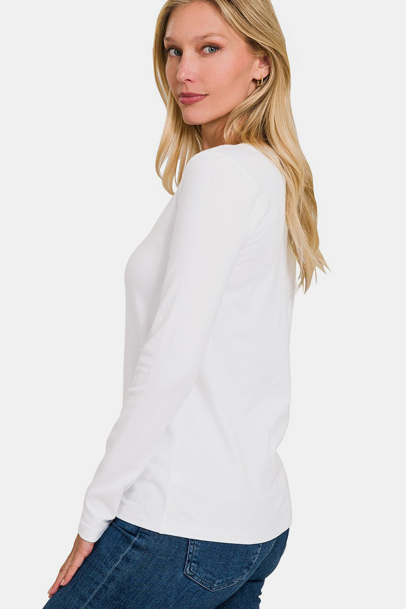 Zenana White V-Neck Long Sleeve T-Shirt Shirts & Tops