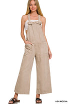 Zenana Ash Mocha Washed Knot Strap Pockets Jumpsuit