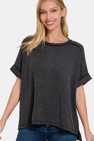 Zenana Charcoal Ribbed Exposed Seam High-Low T-Shirt Charcoal Trendsi