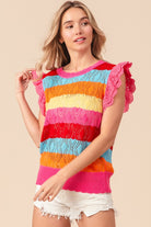 BiBi Fuchsia Combo Pointelle Striped Ruffled Knit Top Trendsi