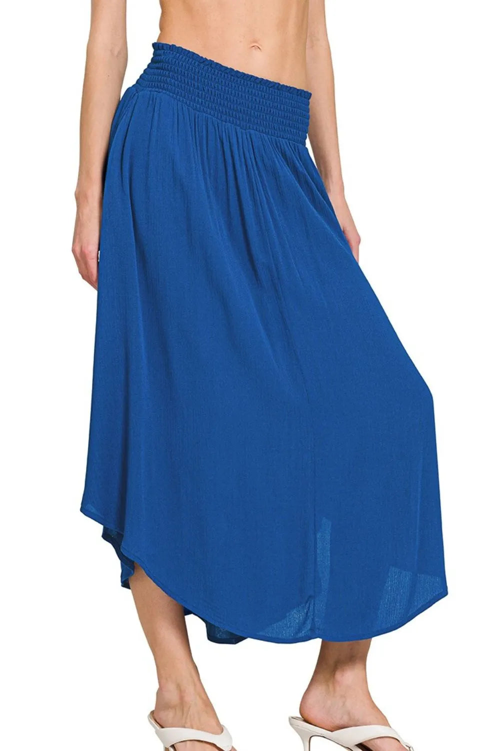 Zenana Woven Crinkle Smocked Waist Maxi Skirt W Pockets