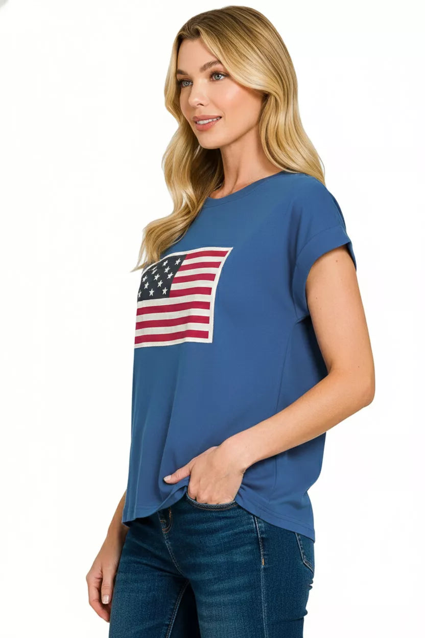 Zenana Light Navy US Flag Round Neck Short Sleeve T-Shirt Plus Size
