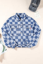 Light Blue Checkered Patchwork Button Up Denim Jacket Shewin