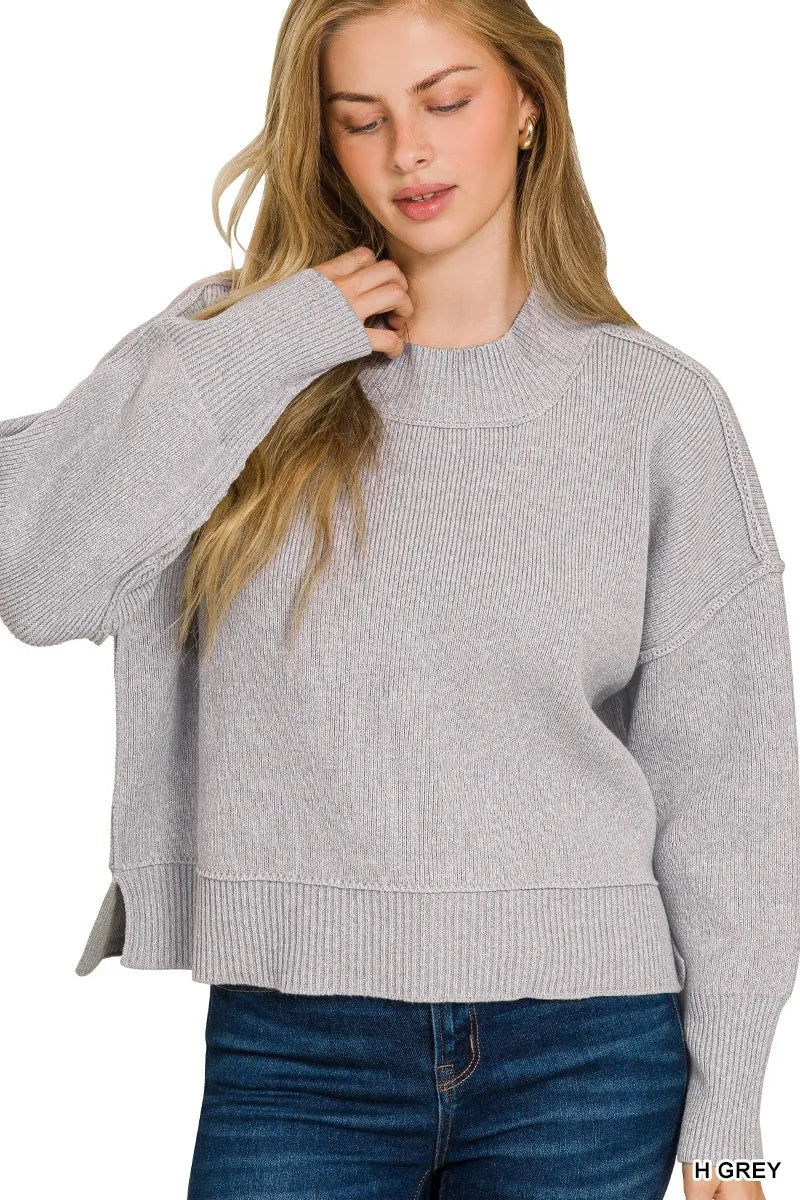 Zenana Heather Gray Wide Neck Band Drop Shoulder Sweater