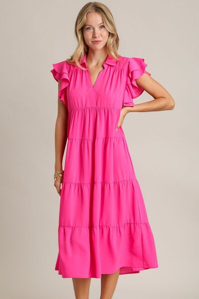 Umgee Hot Pink Johnny Collar Ruffle Cap Sleeve Tiered Dress Hot Pink