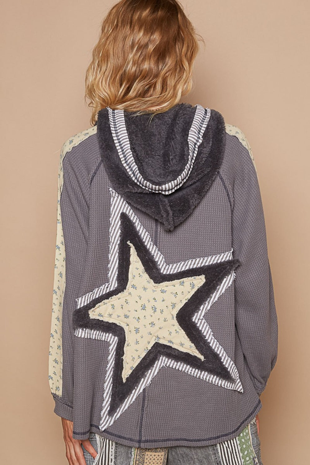 POL Charcoal Half Zip Up Fleece Mix Back Star Patch Hoodie Trendsi