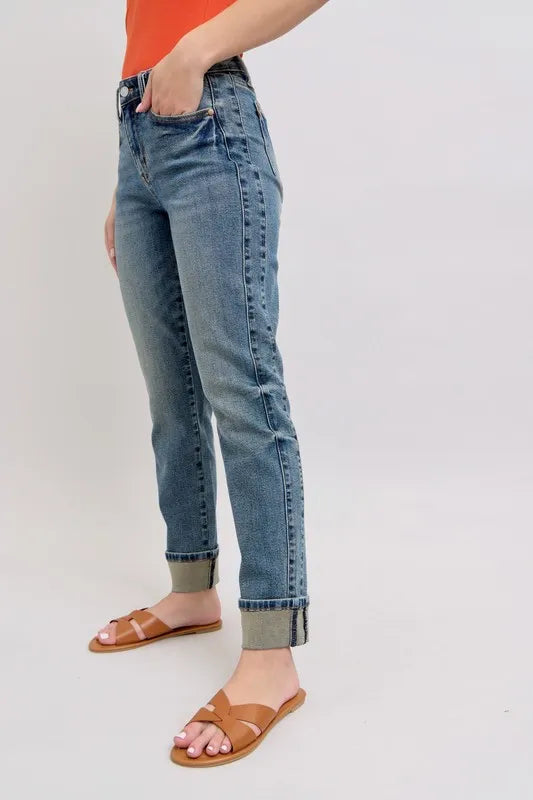 Judy Blue Mid Rise Vintage Wash Double Roll Cuff Boyfriend Jeans