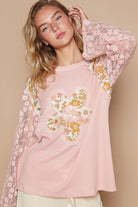 POL Flower Patch Lace Sleeve Knit Top Dusty Pink Trendsi