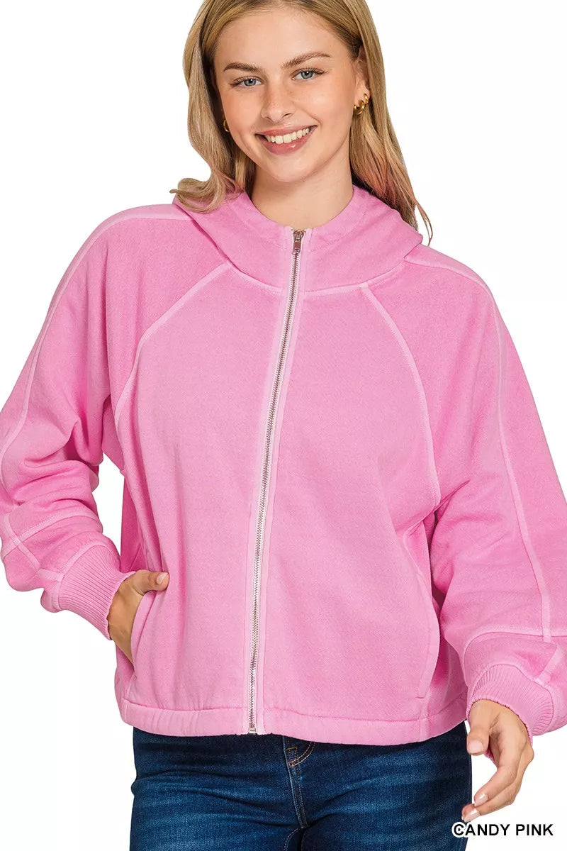 Zenana Candy Pink Fleece Pigment Dye Zip Up Hoodie with Pockets CANDY PINK