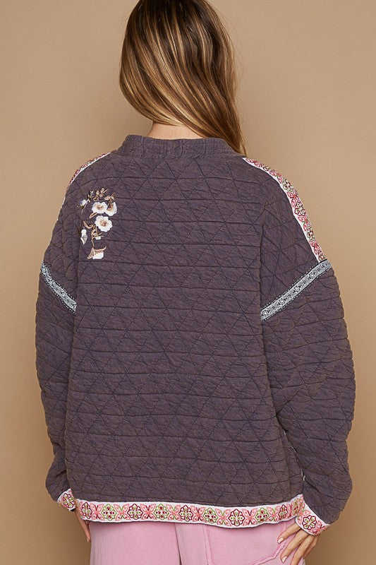 POL Embroidered Open Front Long Sleeve Jacket in Mauve Coats & Jackets