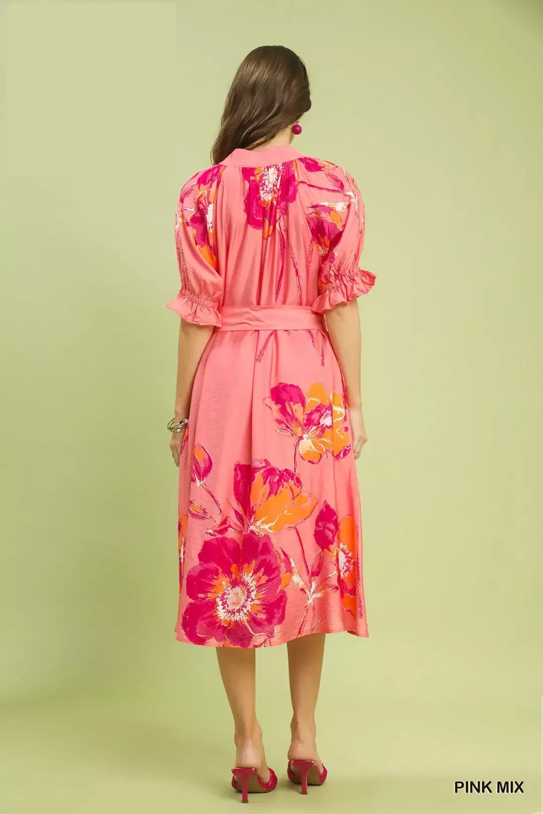 Umgee Pink Mix Floral Flounce Sleeve Midi Dress with Belted