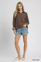 Umgee Chocolate Half Button Blouse with Leopard Print Trim
