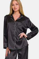 Zenana Black Satin Long Sleeve Shirt and Pants Pajama Set Trendsi