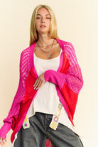 Davi & Dani Red & Pink Multi Openwork Contrast Open Front Cardigan Shirts & Tops