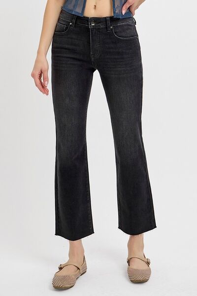 RISEN Black Tummy Control Mid Rise Crop Straight Jeans