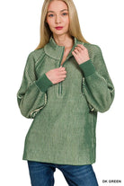 Zenana Ribbed Two Tone Half Zip Sweater in Dark Green
