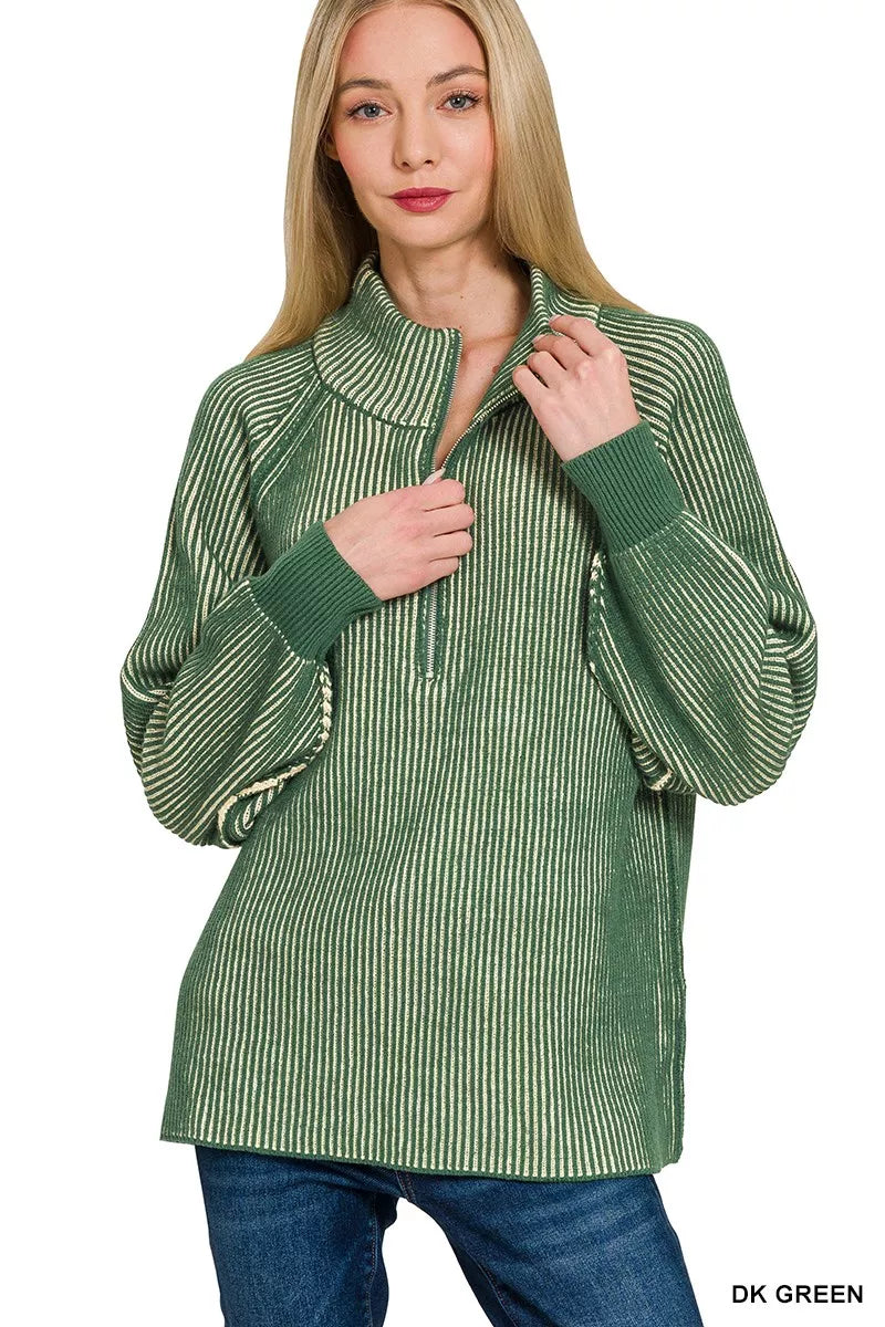 Zenana Ribbed Two Tone Half Zip Sweater in Dark Green
