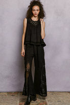 POL Black Round Neck Sleeveless Top with Crochet Contrast