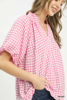 Umgee Peony Gingham Bubble Sleeve Blouse with Scallop Hem