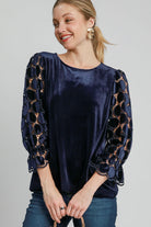 Umgee Navy Velvet Polka Dot Lace Long Sleeve Round Neck Blouse Navy Shirts & Tops