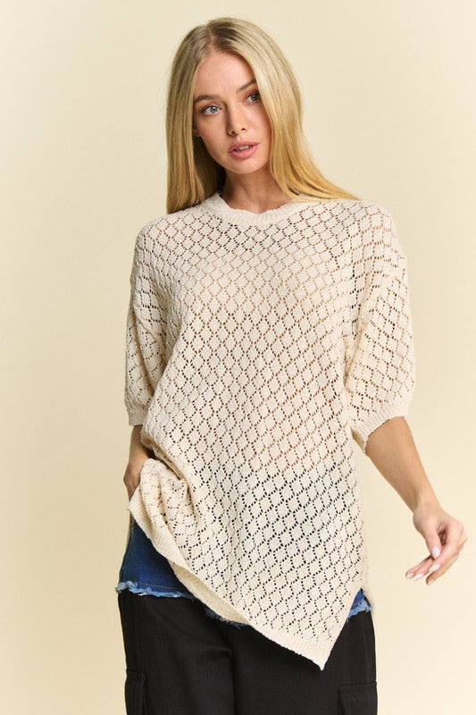 Davi & Dani Cream Beige Side Slit Openwork Round Neck Half Sleeve Knit Cover Up CREAM BEIGE Shirts & Tops