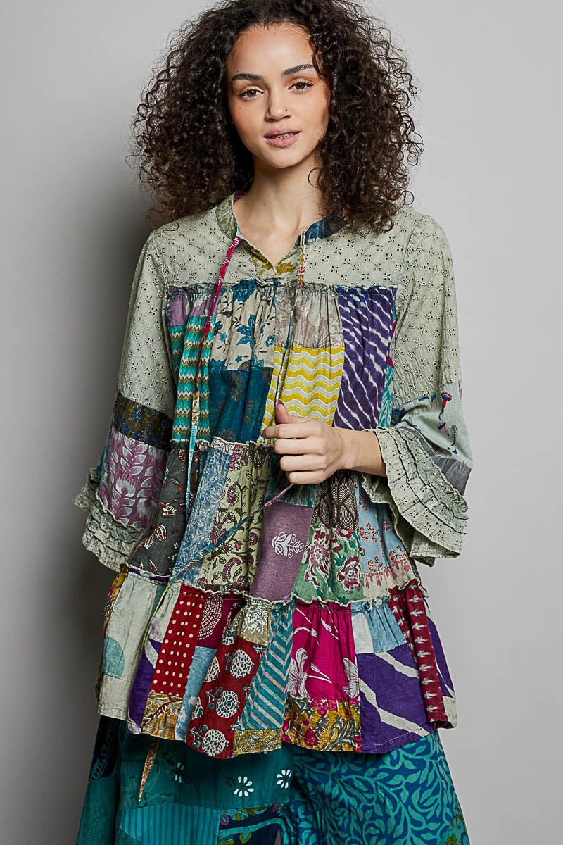 POL Tiered Floral Patchwork Tie Neck Shirred Ruffled Blouse