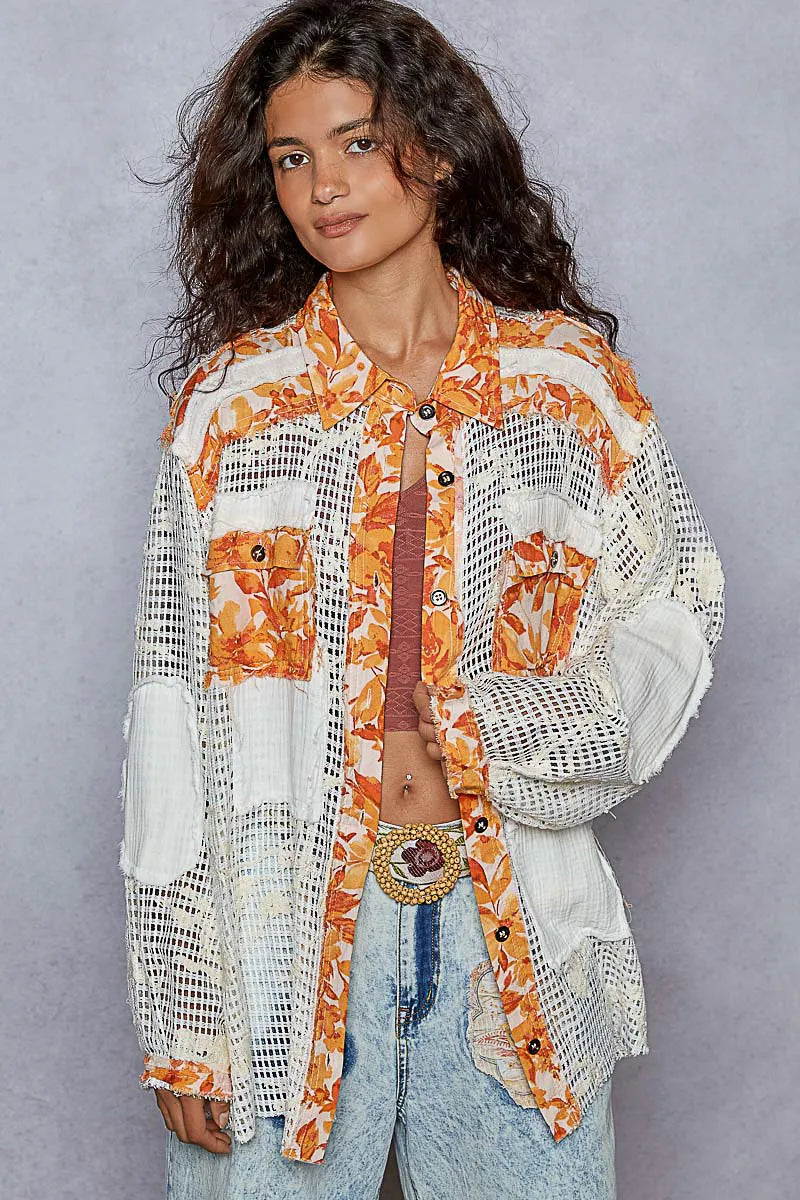 POL Balloon Sleeve Floral Print Crochet Lace Button Up Shirt Tangerine